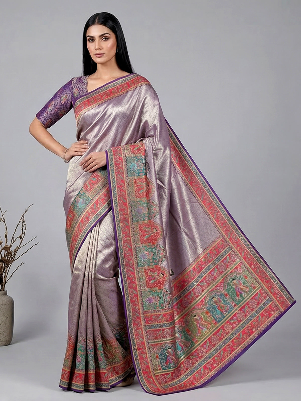 Purple tissue silk wedding wear with colorful motif weaving