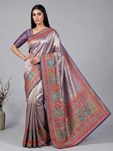 Purple tissue silk wedding wear with colorful motif weaving