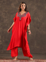 Red viscose crepe kaftan palazzo suit with festive embellishments