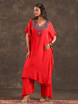 Red viscose crepe kaftan palazzo suit with festive embellishments