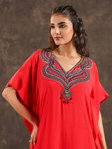 Red viscose crepe kaftan palazzo suit with festive embellishments