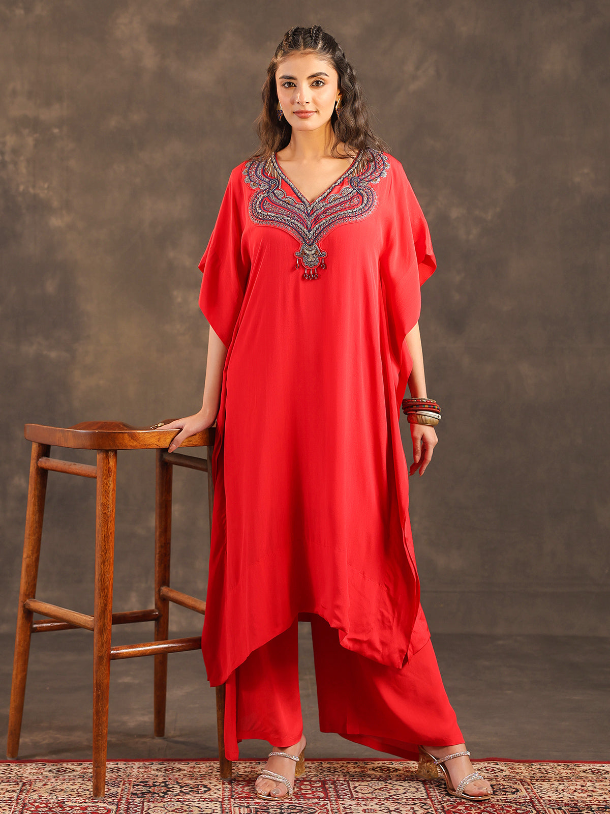 Red viscose crepe kaftan palazzo suit with festive embellishments