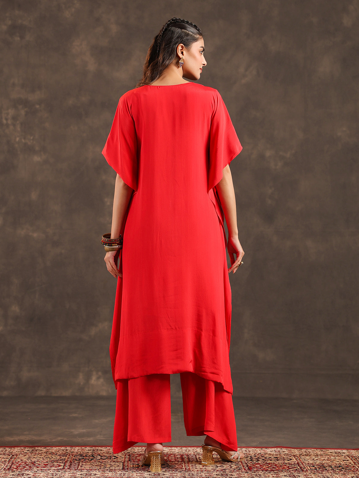 Red viscose crepe kaftan palazzo suit with festive embellishments