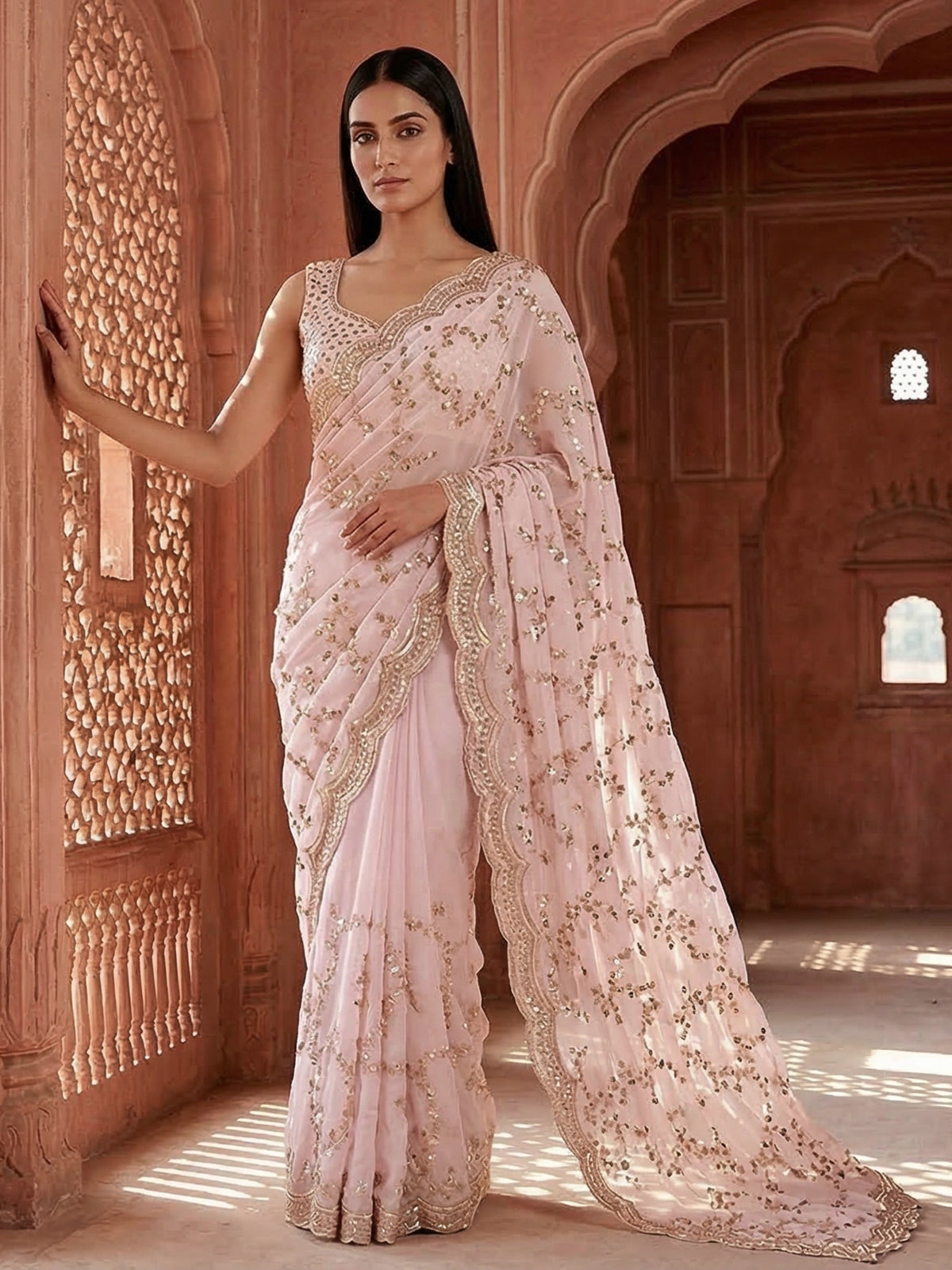 Pink tissue silk saree with sequins and resham accents