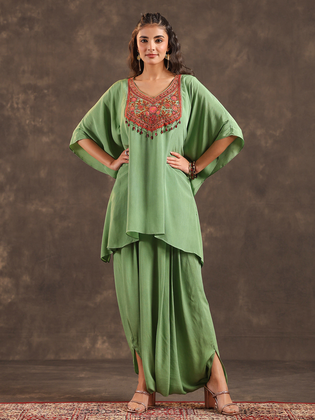 Light green designer kaftan dhoti suit with pearl embellishments