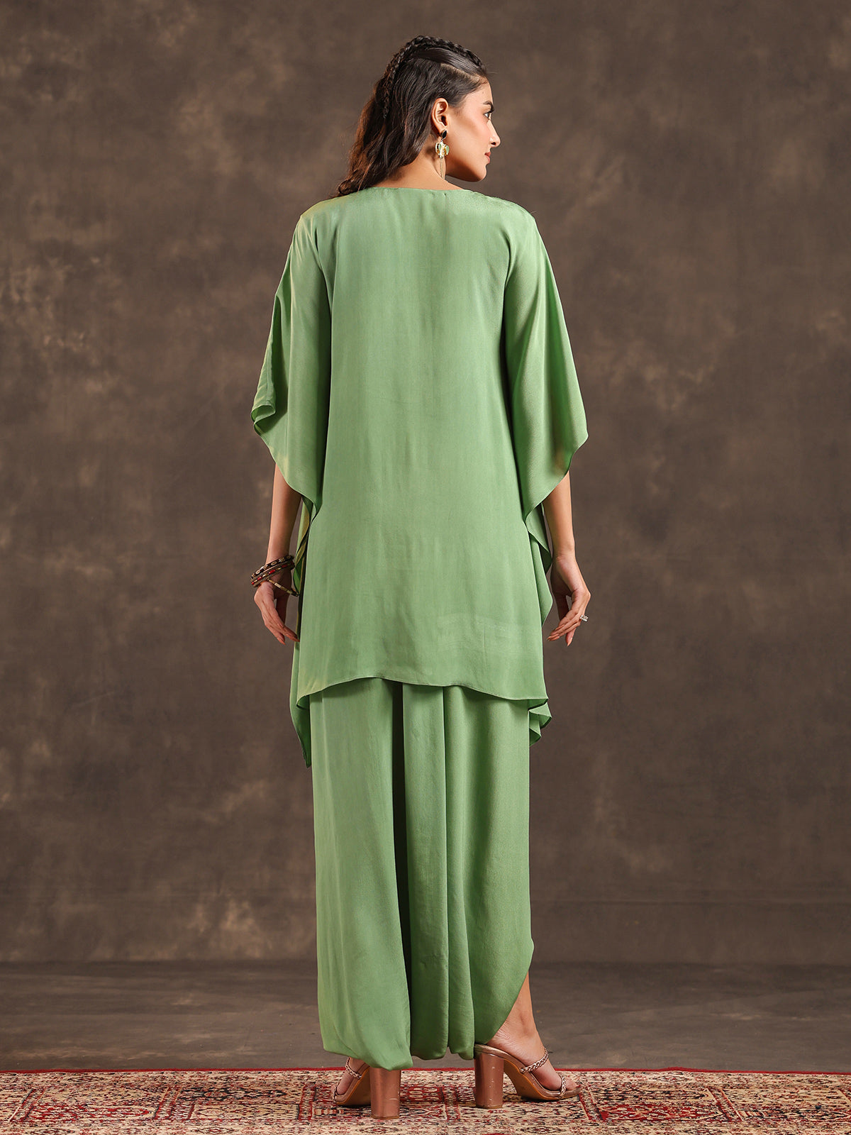 Light green designer kaftan dhoti suit with pearl embellishments