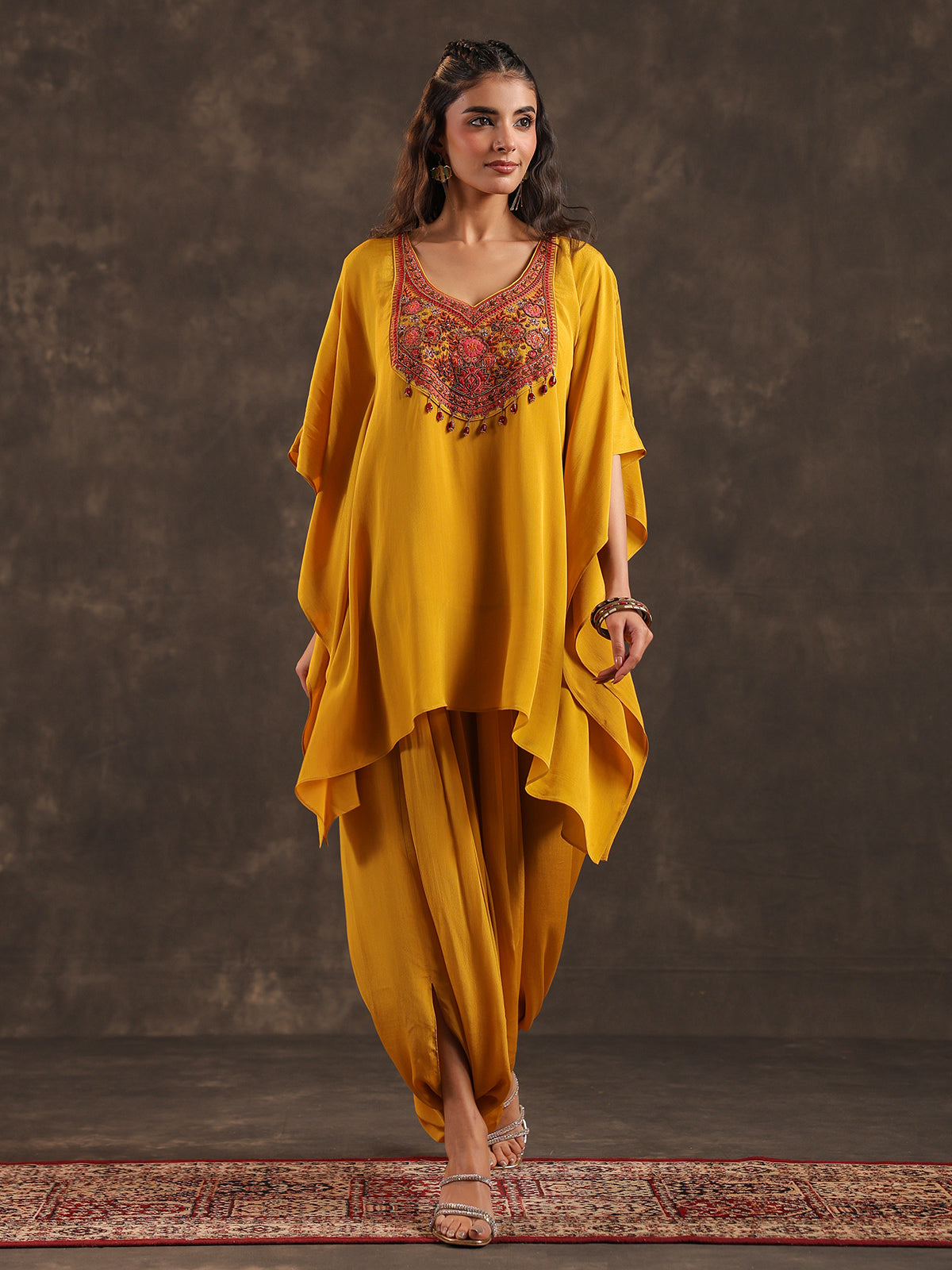Mustard yellow designer kaftan dhoti suit with festive embellishments