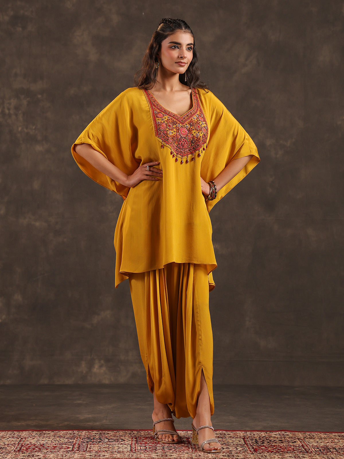 Mustard yellow designer kaftan dhoti suit with festive embellishments