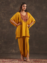 Mustard yellow designer kaftan dhoti suit with festive embellishments