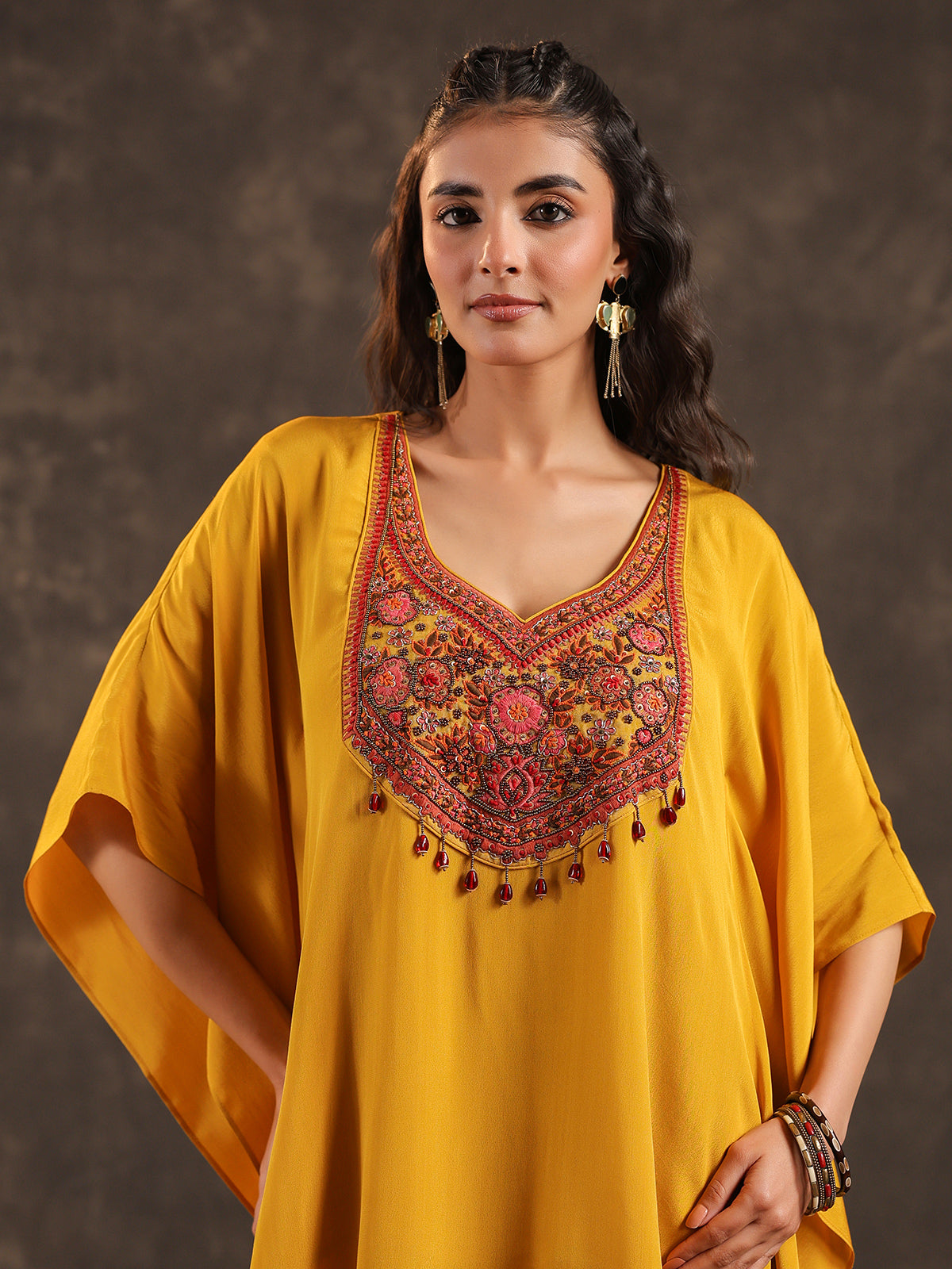 Mustard yellow designer kaftan dhoti suit with festive embellishments
