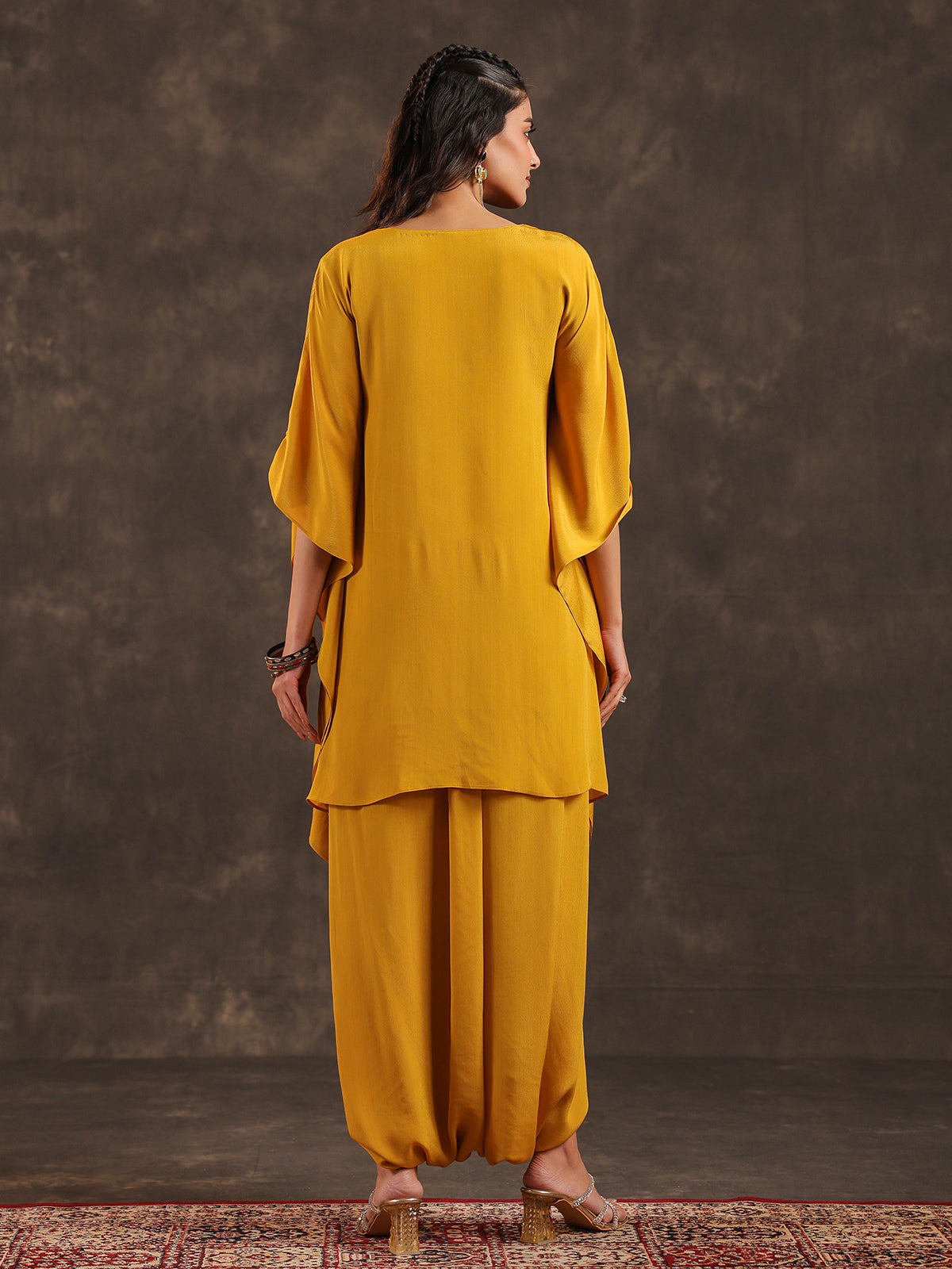 Mustard yellow designer kaftan dhoti suit with festive embellishments