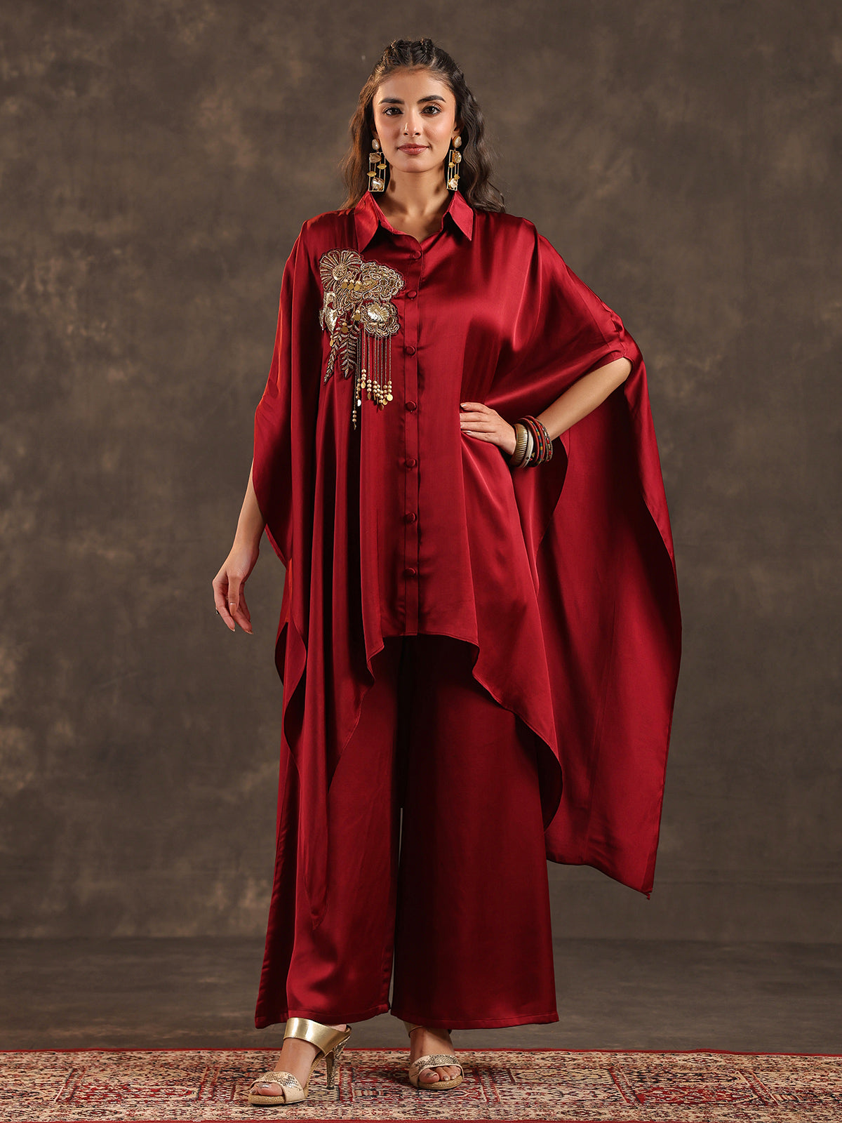 Maroon modal satin kaftan palazzo suit with coin embellishments