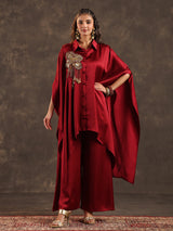 Maroon modal satin kaftan palazzo suit with coin embellishments