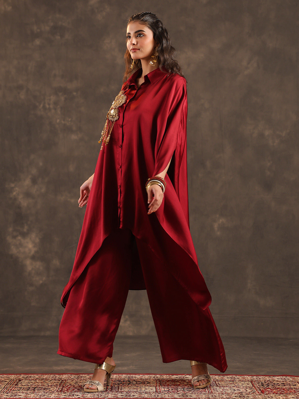 Maroon modal satin kaftan palazzo suit with coin embellishments