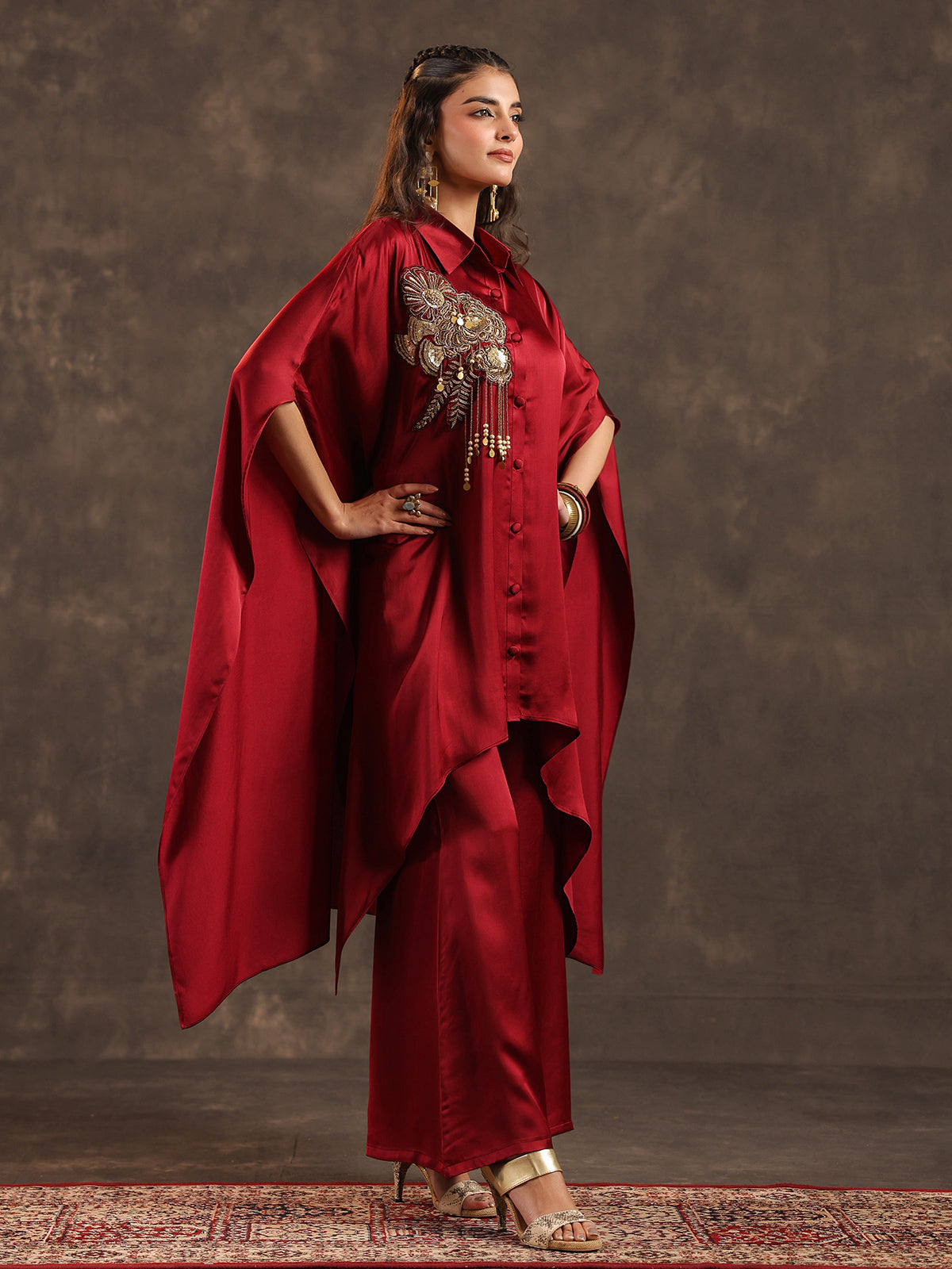 Maroon modal satin kaftan palazzo suit with coin embellishments
