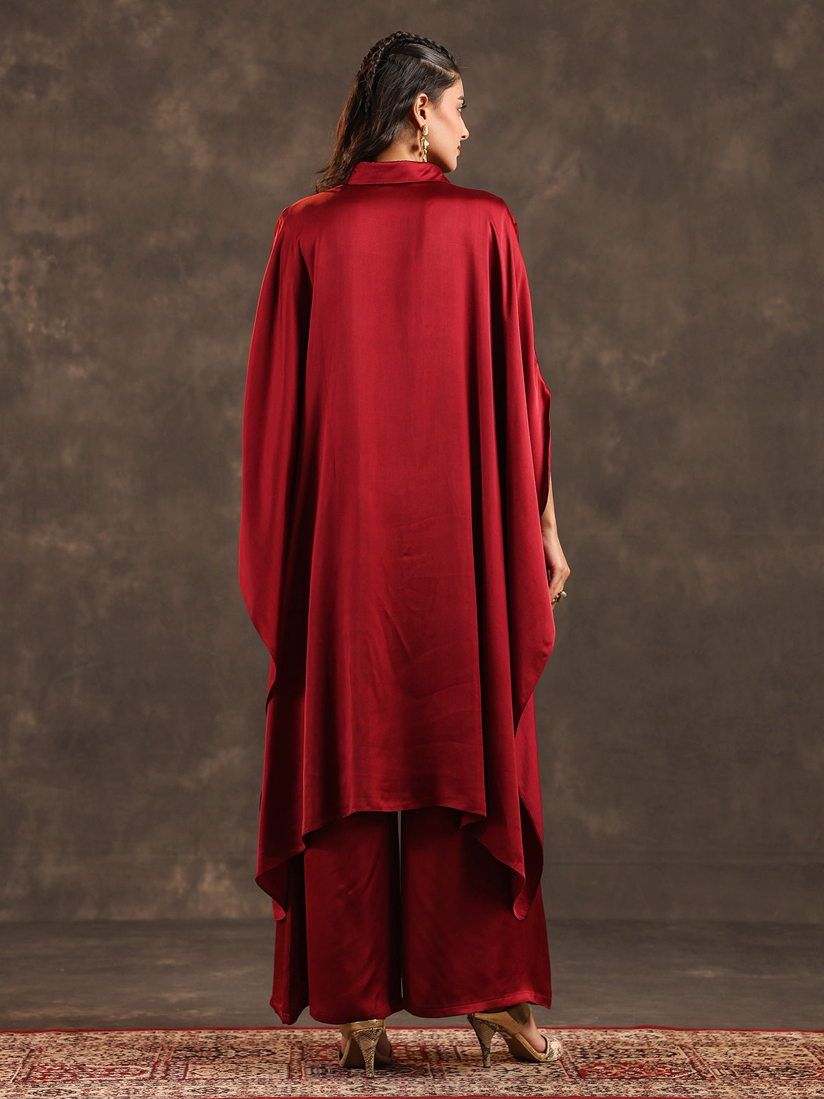 Maroon modal satin kaftan palazzo suit with coin embellishments