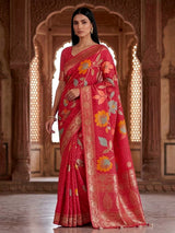 Pink semi georgette zari printed saree for wedding wear