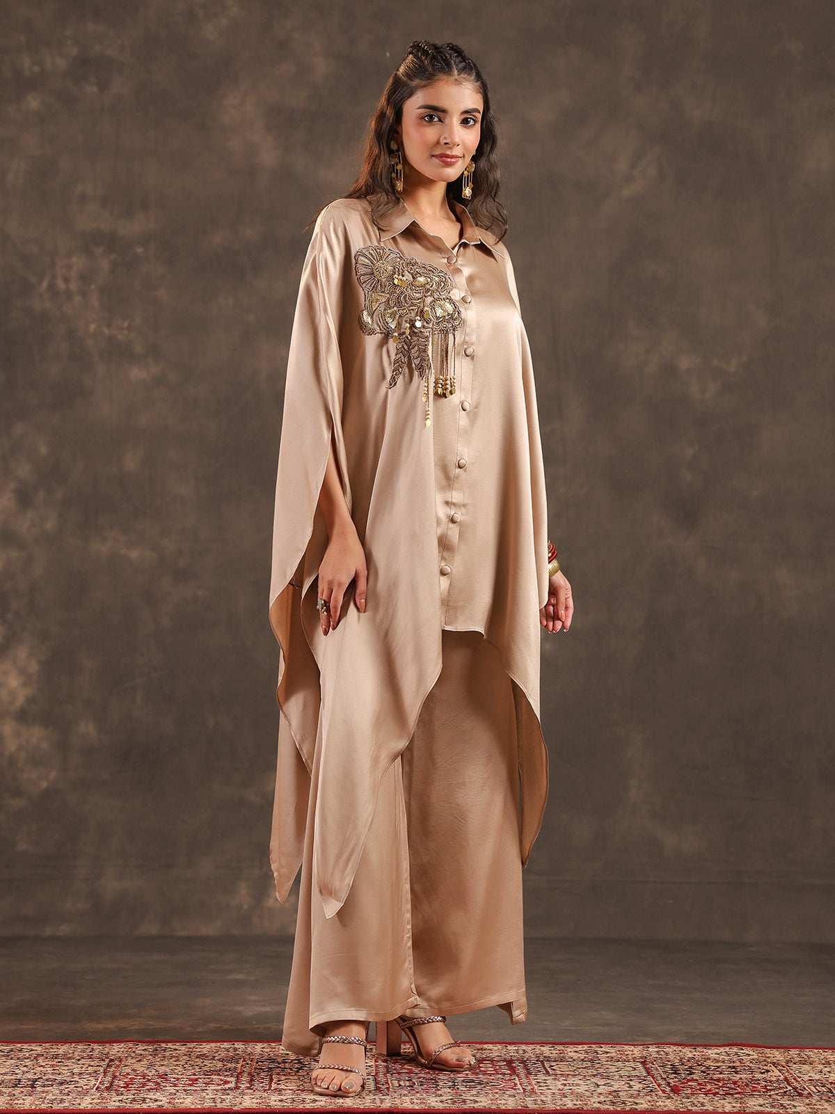 Beige modal satin kaftan palazzo suit with festive coin details