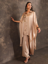 Beige modal satin kaftan palazzo suit with festive coin details