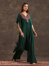 Dark green viscose crepe kaftan palazzo suit with embellishments