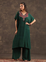 Dark green viscose crepe kaftan palazzo suit with embellishments