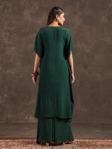 Dark green viscose crepe kaftan palazzo suit with embellishments