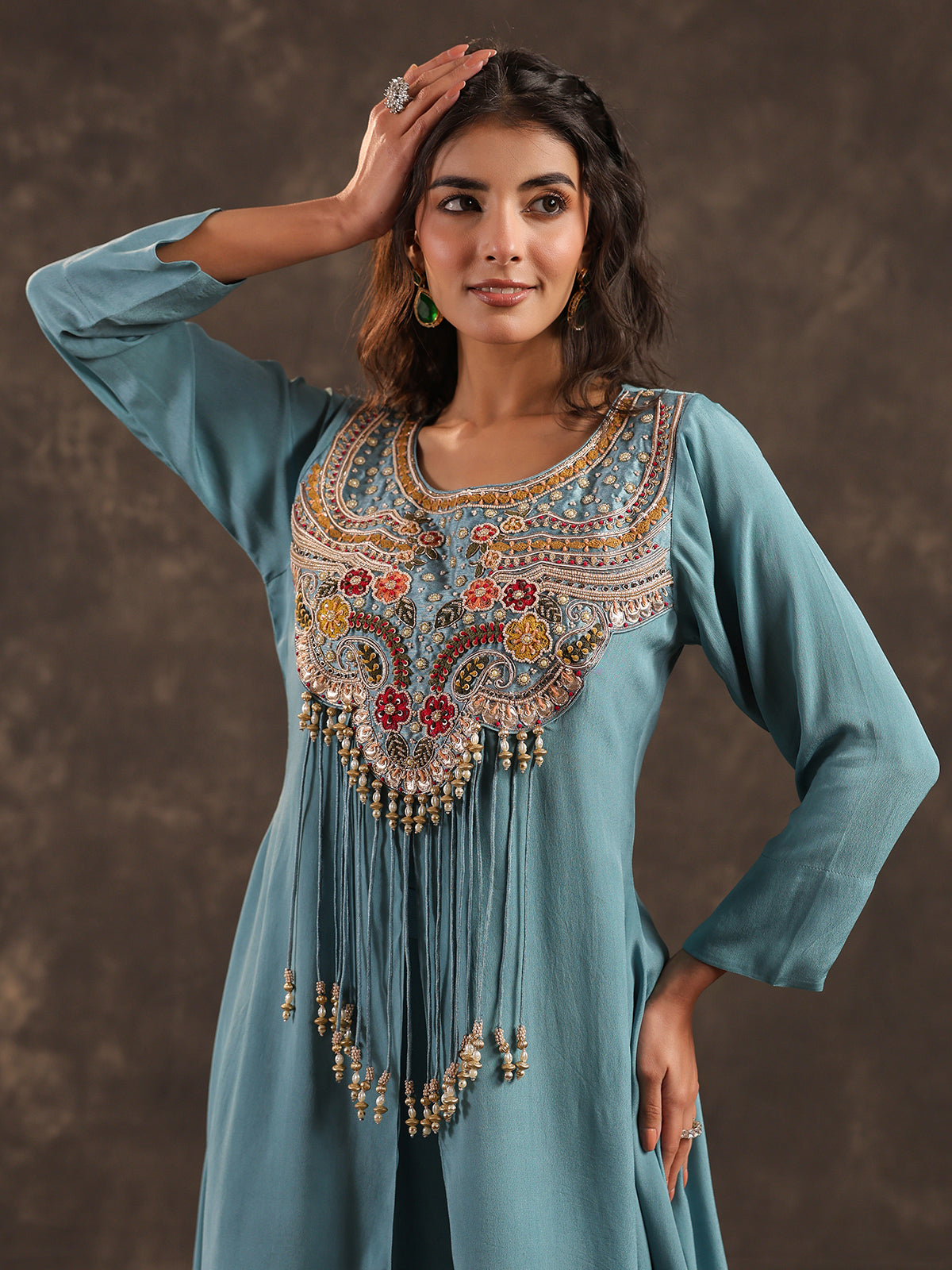 Sky blue yoke style palazzo suit with delicate embellishments