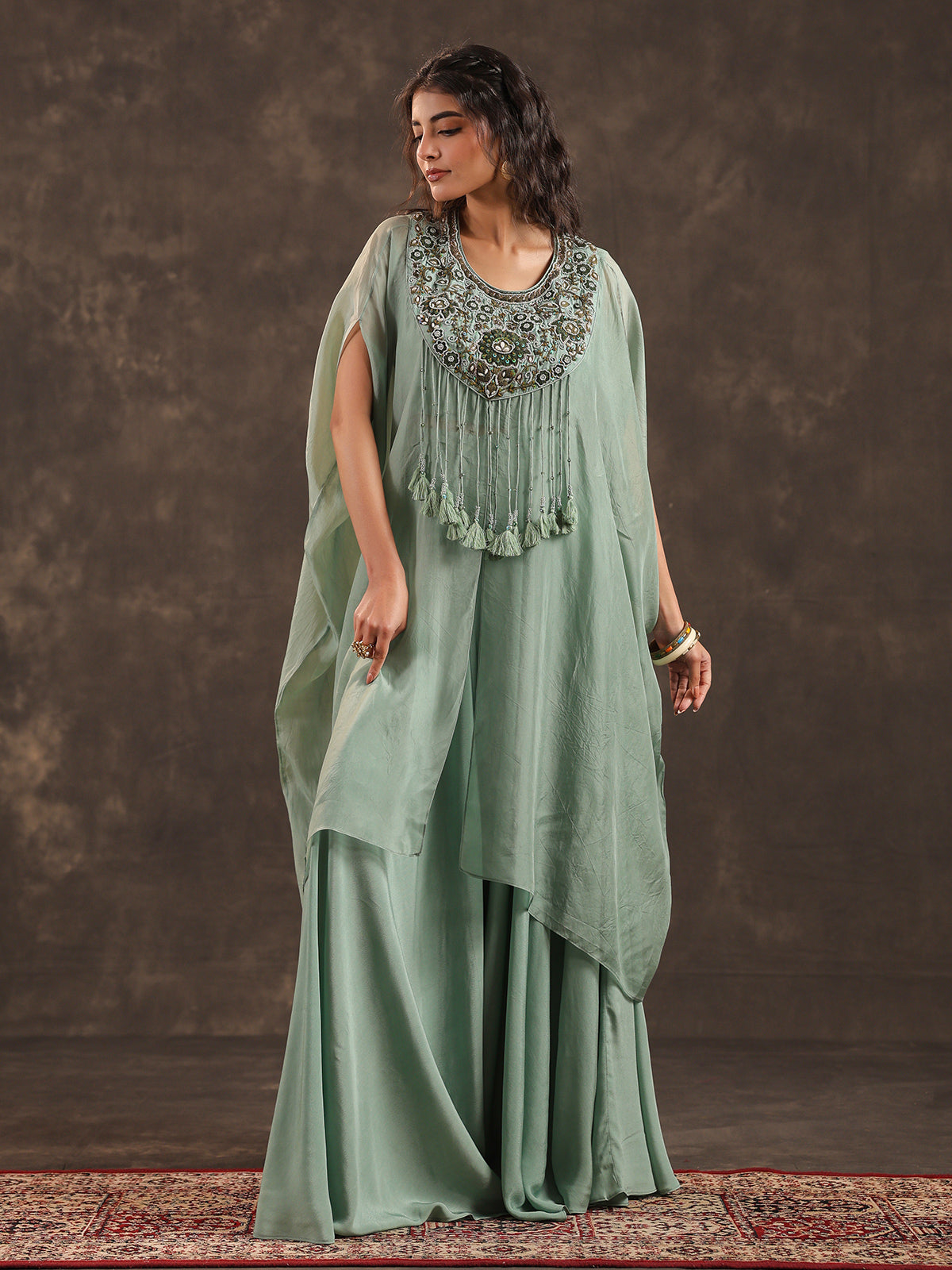 Mint green organza designer kaftan palazzo suit with zardosi