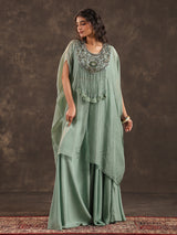 Mint green organza designer kaftan palazzo suit with zardosi