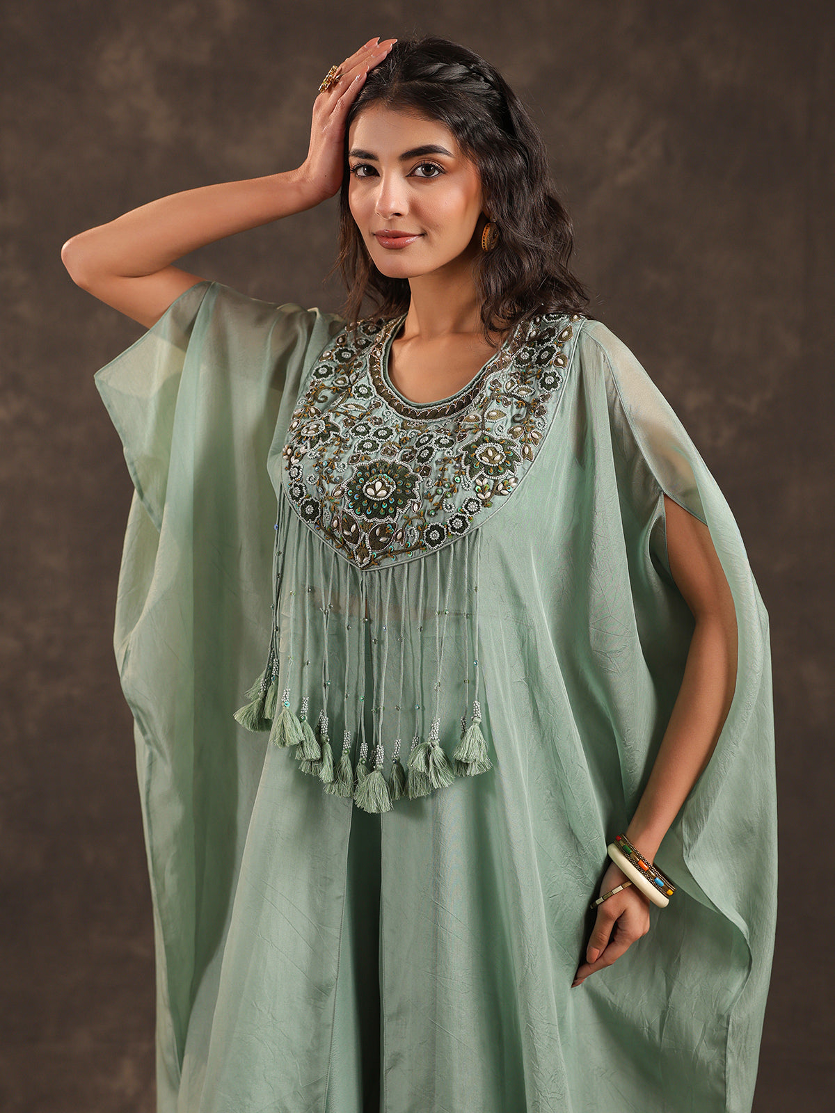 Mint green organza designer kaftan palazzo suit with zardosi