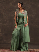 Pista green chinon jacket style sharara suit for weddings
