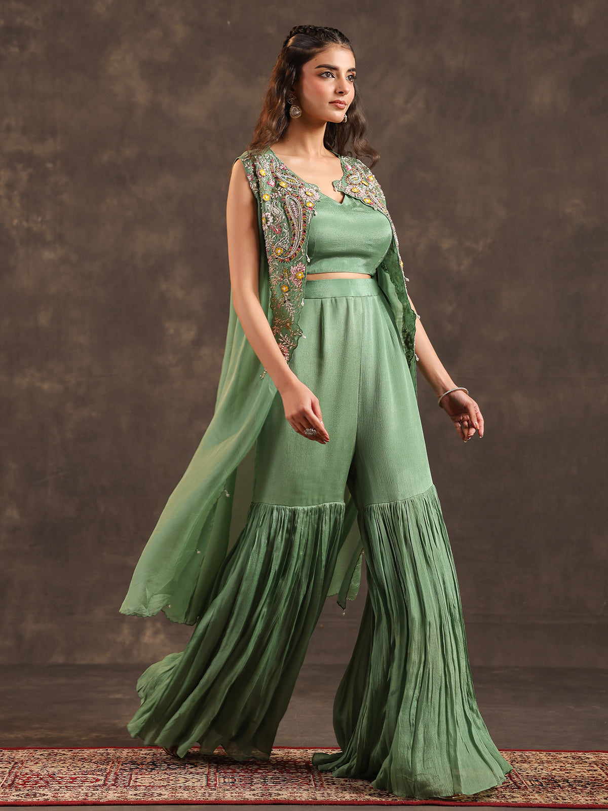 Pista green chinon jacket style sharara suit for weddings