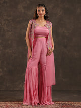 Pink chinon jacket style sharara suit with zardosi embellishments
