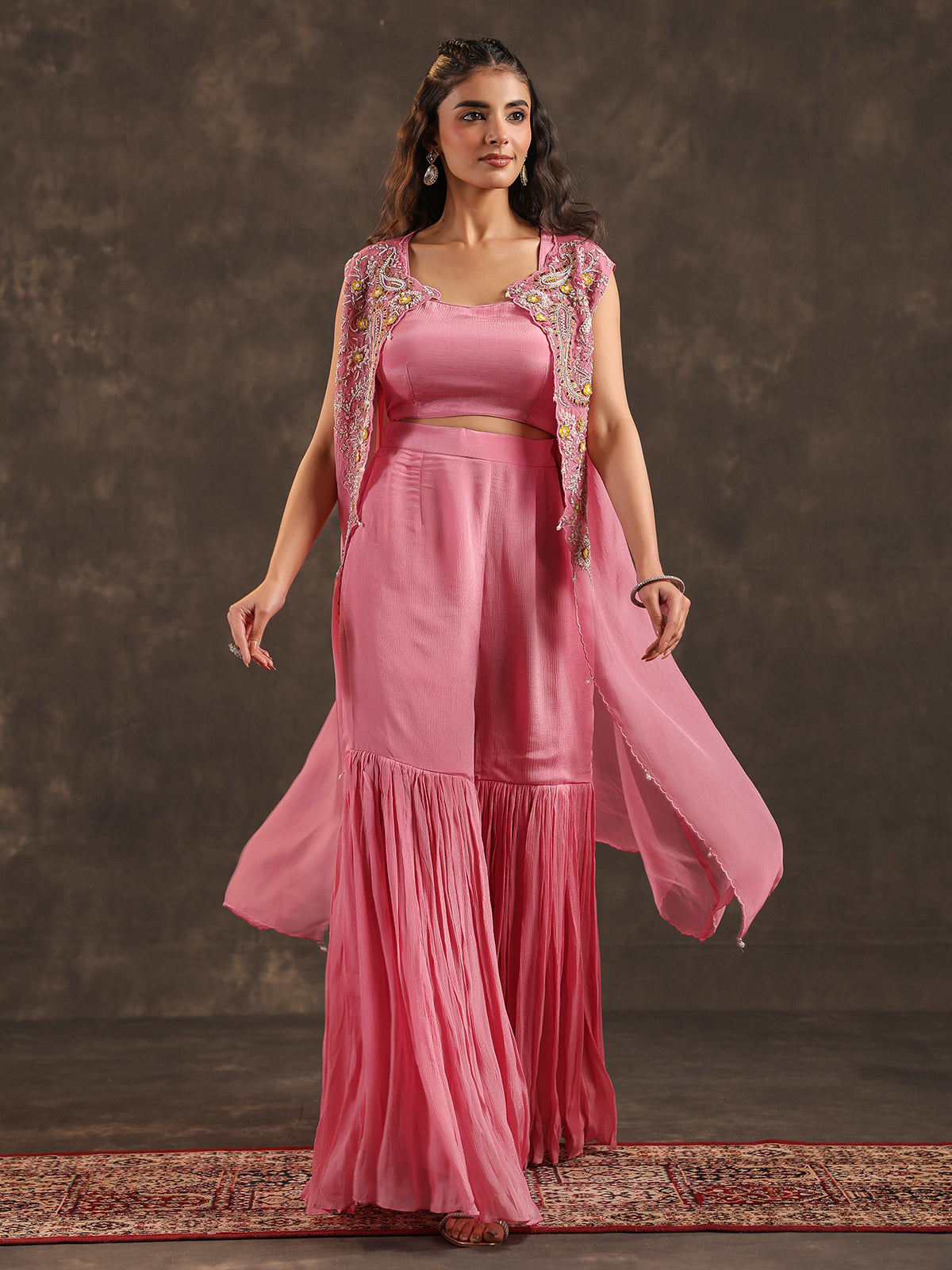 Pink chinon jacket style sharara suit with zardosi embellishments