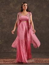 Pink chinon jacket style sharara suit with zardosi embellishments
