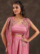 Pink chinon jacket style sharara suit with zardosi embellishments