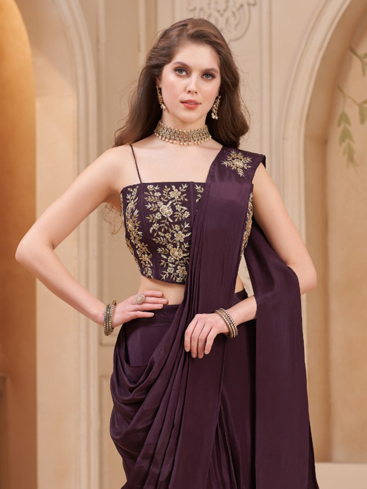 Wine satin silk designer ready to wear saree