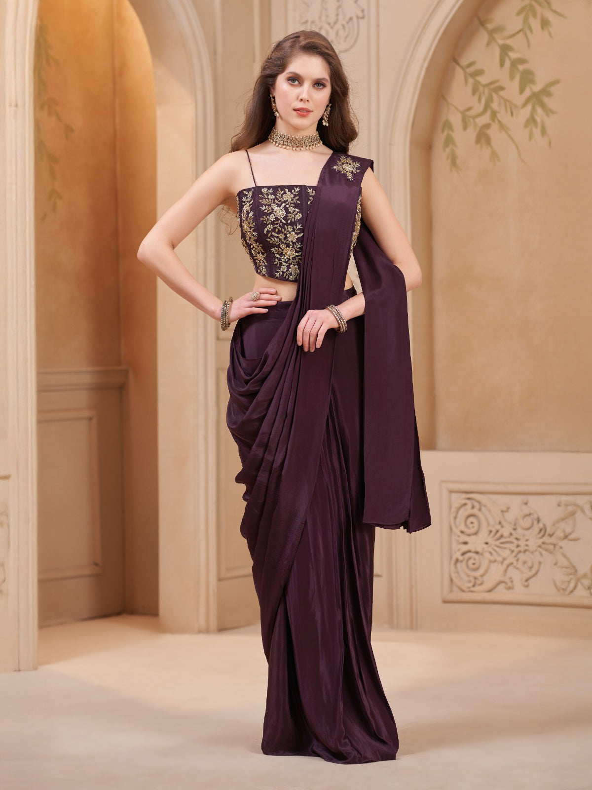 Wine satin silk designer ready to wear saree