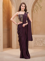 Wine satin silk designer ready to wear saree