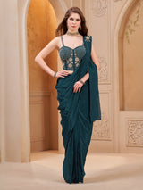 Rama green satin silk designer ready to wear saree