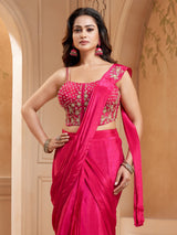 Magenta satin silk designer ready to wear festive saree