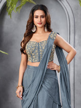 Grey satin silk designer ready to wear party wear saree