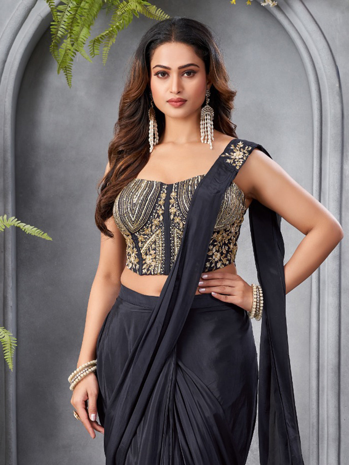 Black satin silk designer ready to wear festive saree