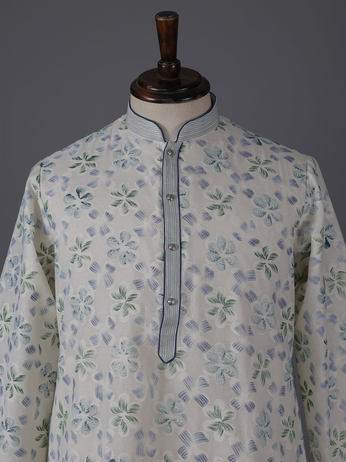 Off white blue floral printed cotton festive kurta suit
