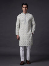 Off white blue floral printed cotton festive kurta suit