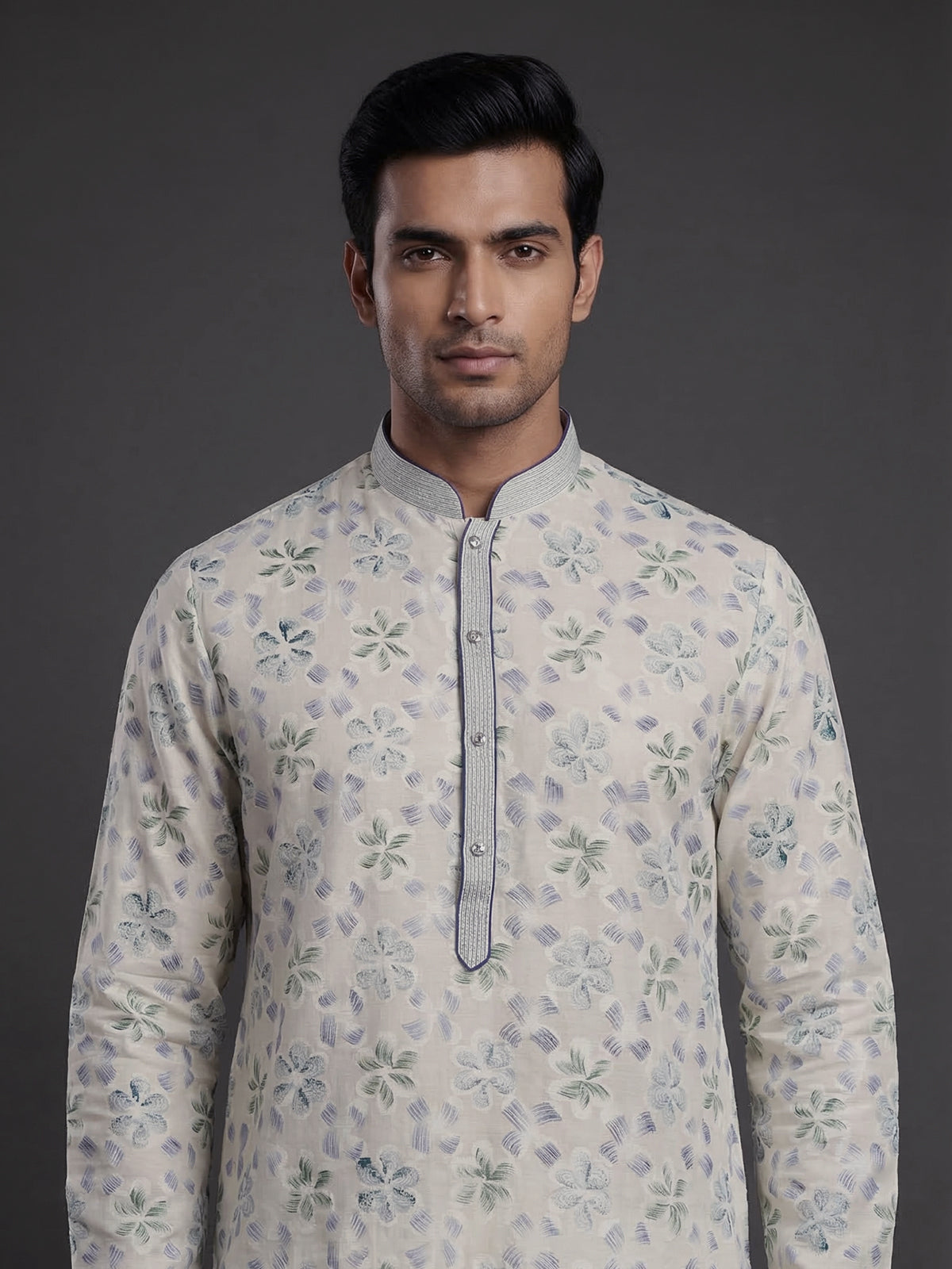 Off white blue floral printed cotton festive kurta suit