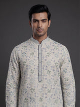 Off white blue floral printed cotton festive kurta suit