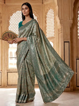 Beige and rama blue art tissue silk saree with contrast border