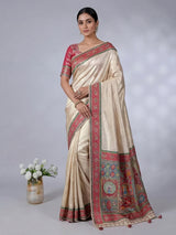Off white soft tissue silk saree with elegant contrast border