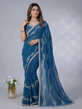 Blue organza saree with thread and diamond work